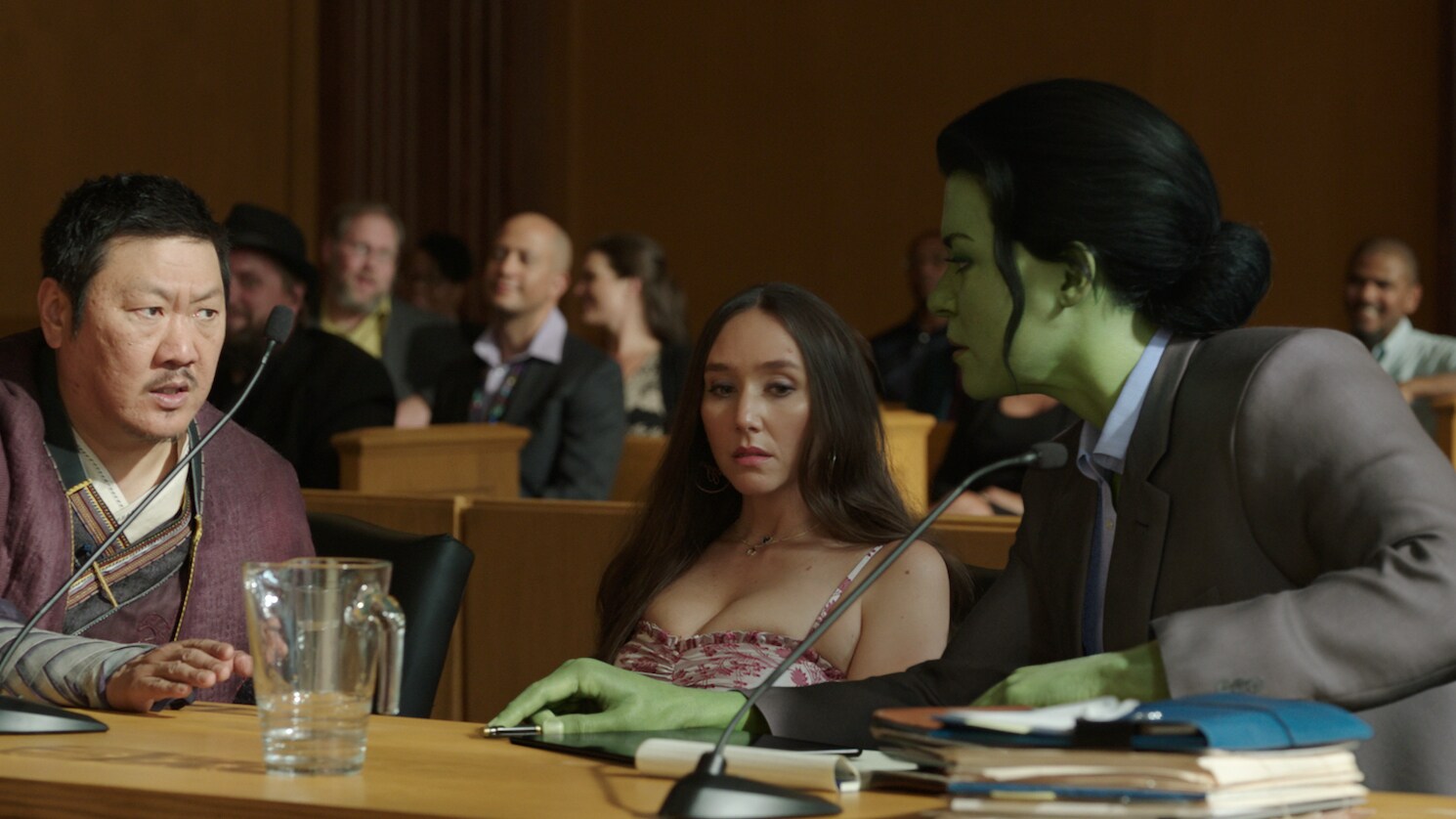(L-R): Benedict Wong as Wong, Patty Guggenheim as Madisynn, and Tatiana Maslany as Jennifer "Jen" Walters/She-Hulk in Marvel Studios' She-Hulk: Attorney at Law, exclusively on Disney+. Photo courtesy of Marvel Studios. © 2022 MARVEL.