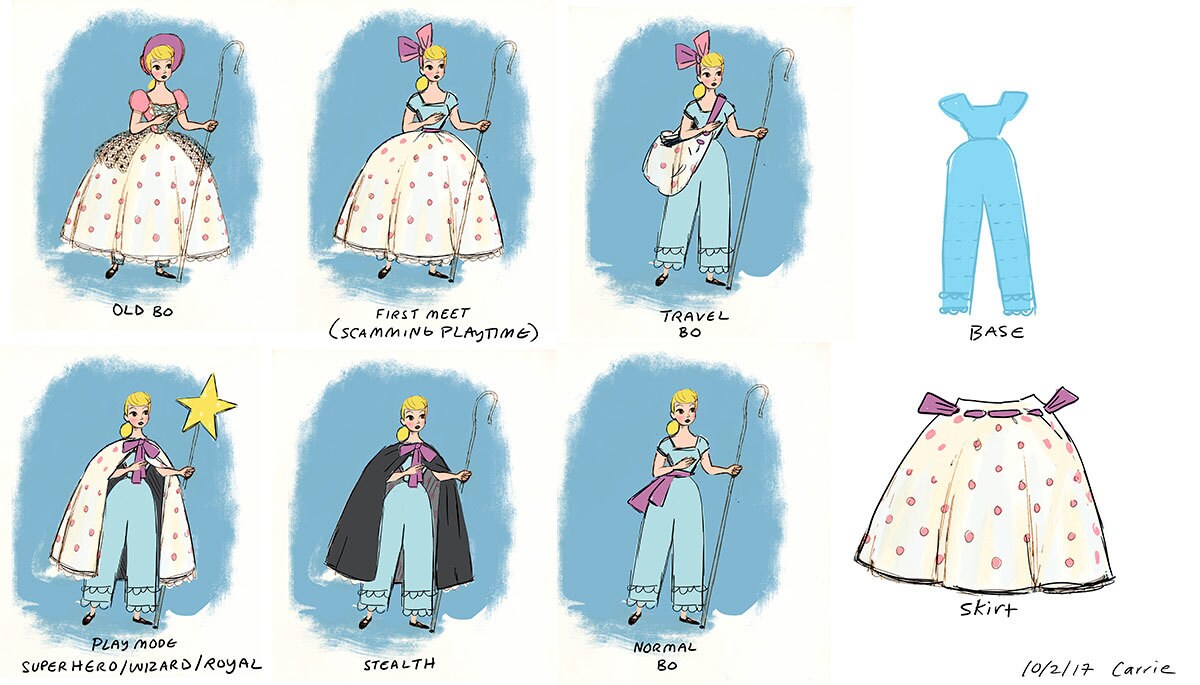 Co Peep Character design concept art: Old Bo, (First meeet scamming playtime), Travel Bo, Play mode - Superhero/wizard/royal, Stealth, Normal Bo, Base, Skirt 10/2/17 Carrie