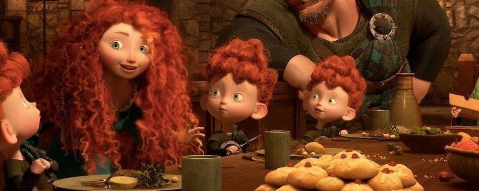 Merida and her brothers in the animated movie "Brave"