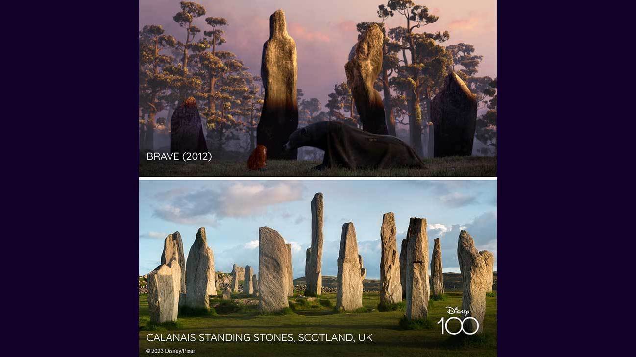 Scene from Brave (2012) and image of Calanais Standing Stones, Scotland UK