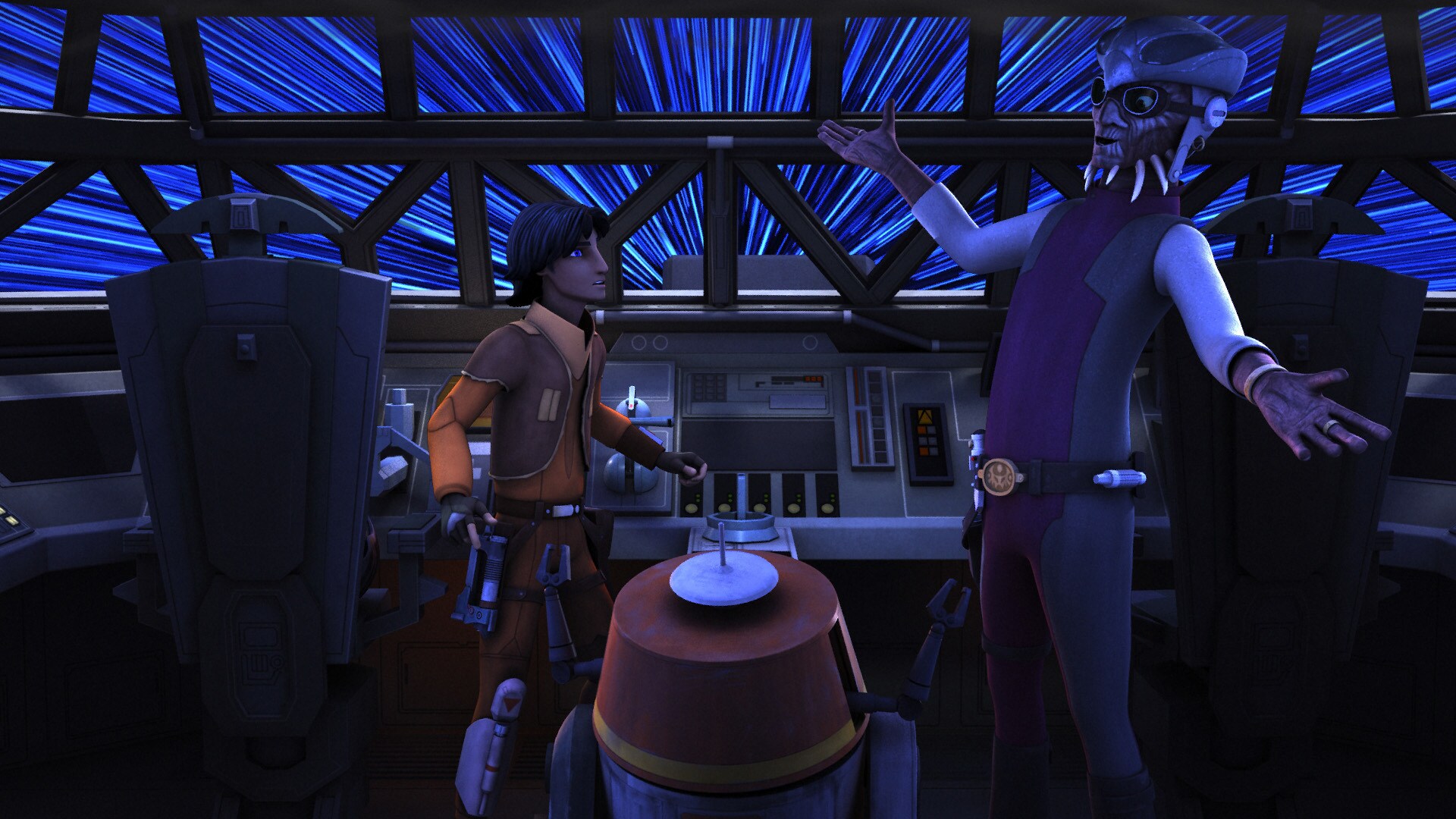 Interrupted by the beeping call of an upcoming Imperial checkpoint, Ezra and Chopper fix Hondo’s ...