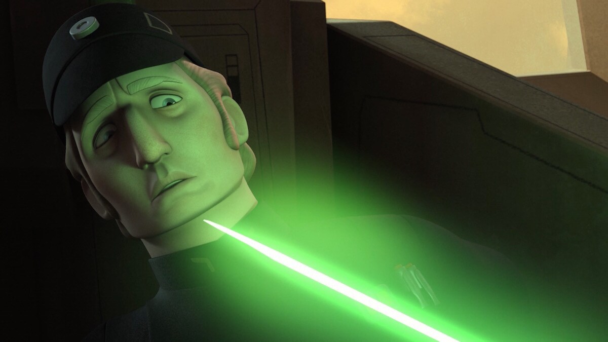 Brom Titus staring into the lightsaber blade of Ezra Bridger