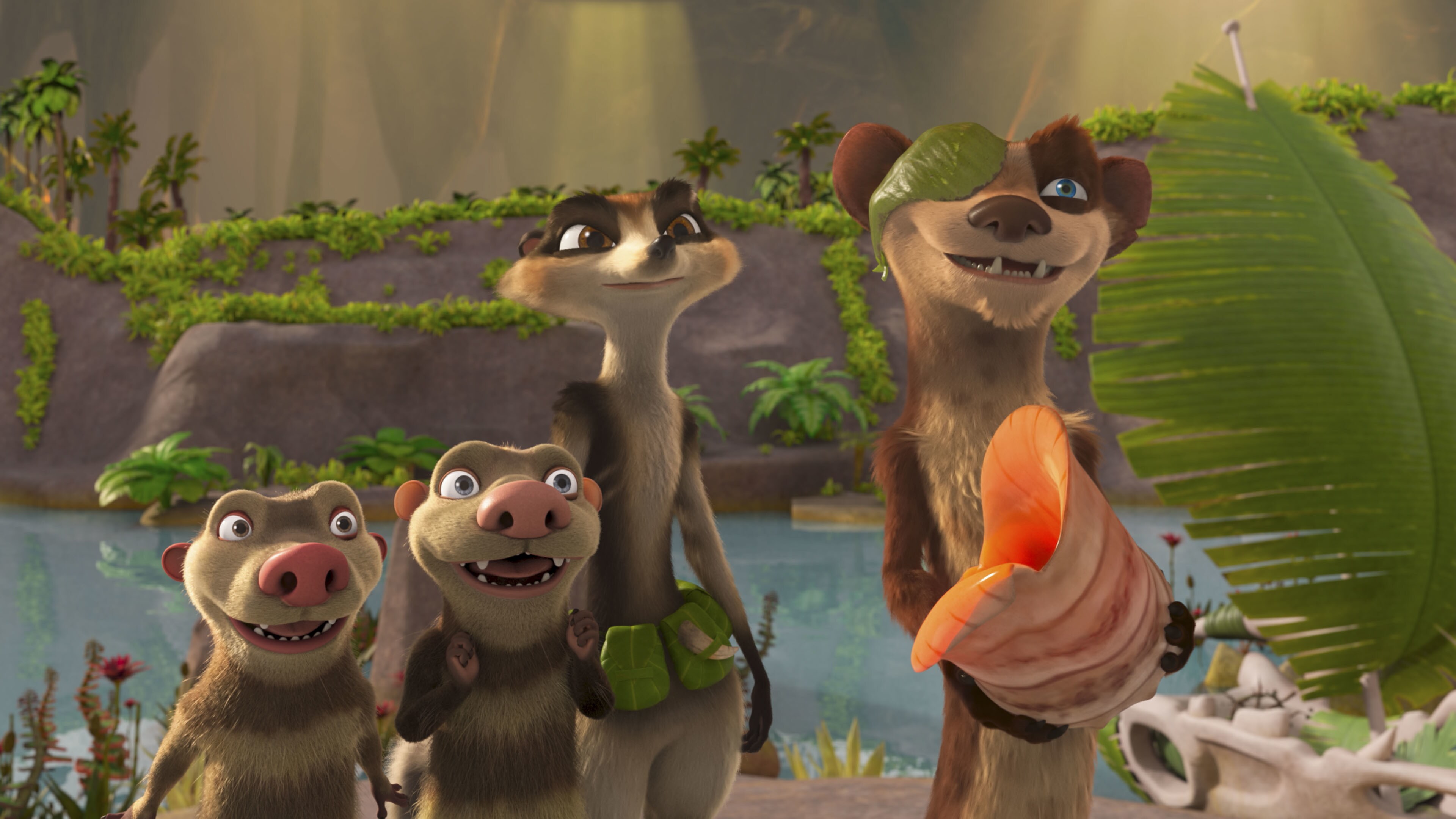 Crash (voiced by Seann William Scott), Eddie (voiced by Josh Peck), Zee (voiced by Justina Machado), and Buck (voiced by Simon Pegg) in THE ICE AGE ADVENTURES OF BUCK WILD, exclusively on Disney+. Photo courtesy of Disney Enterprises, Inc. © 2022 Disney Enterprises, Inc. All Rights Reserved. 