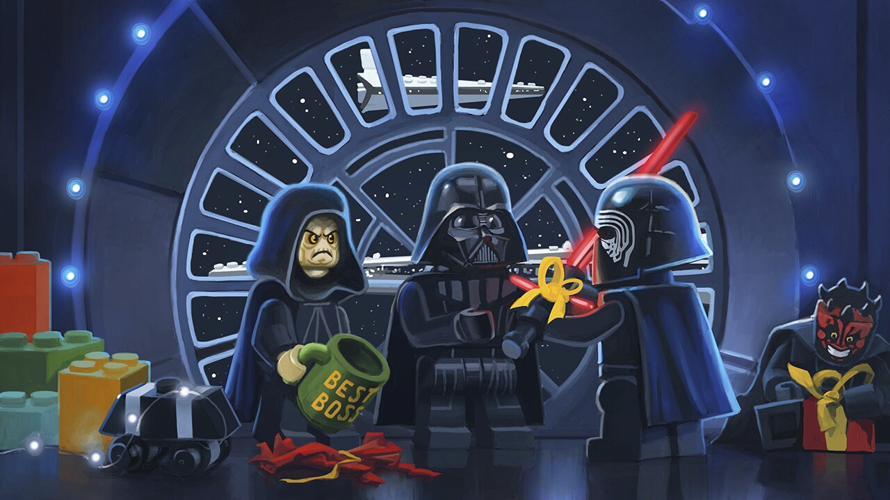 Palpatine, Darth Vader, and Kylo Ren concept art from the LEGO Star Wars Holiday Special