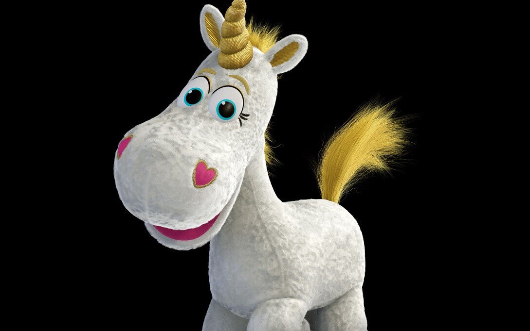 The stuffed unicorn Buttercup from the movie "Toy Story 3"