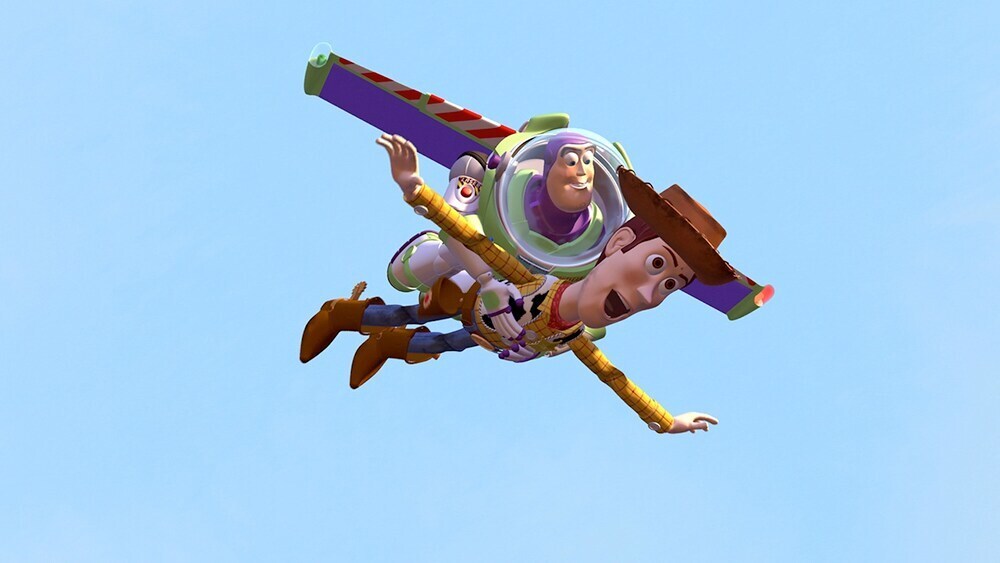Woody and Buzz Lightyear from the movie "Toy Story" flying in the sky