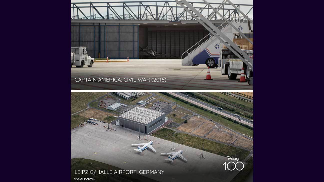 Scene from Captain America: Civil War (2016) and image of Leipzig/Halle Airport, Germany