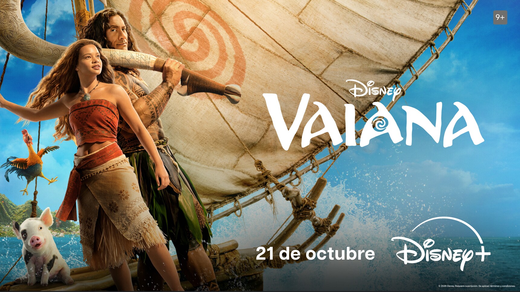 Catherine Lagaʻaia as Moana and Dwayne Johnson as Maui sail with Pua and Heihei in Disney's streaming artwork