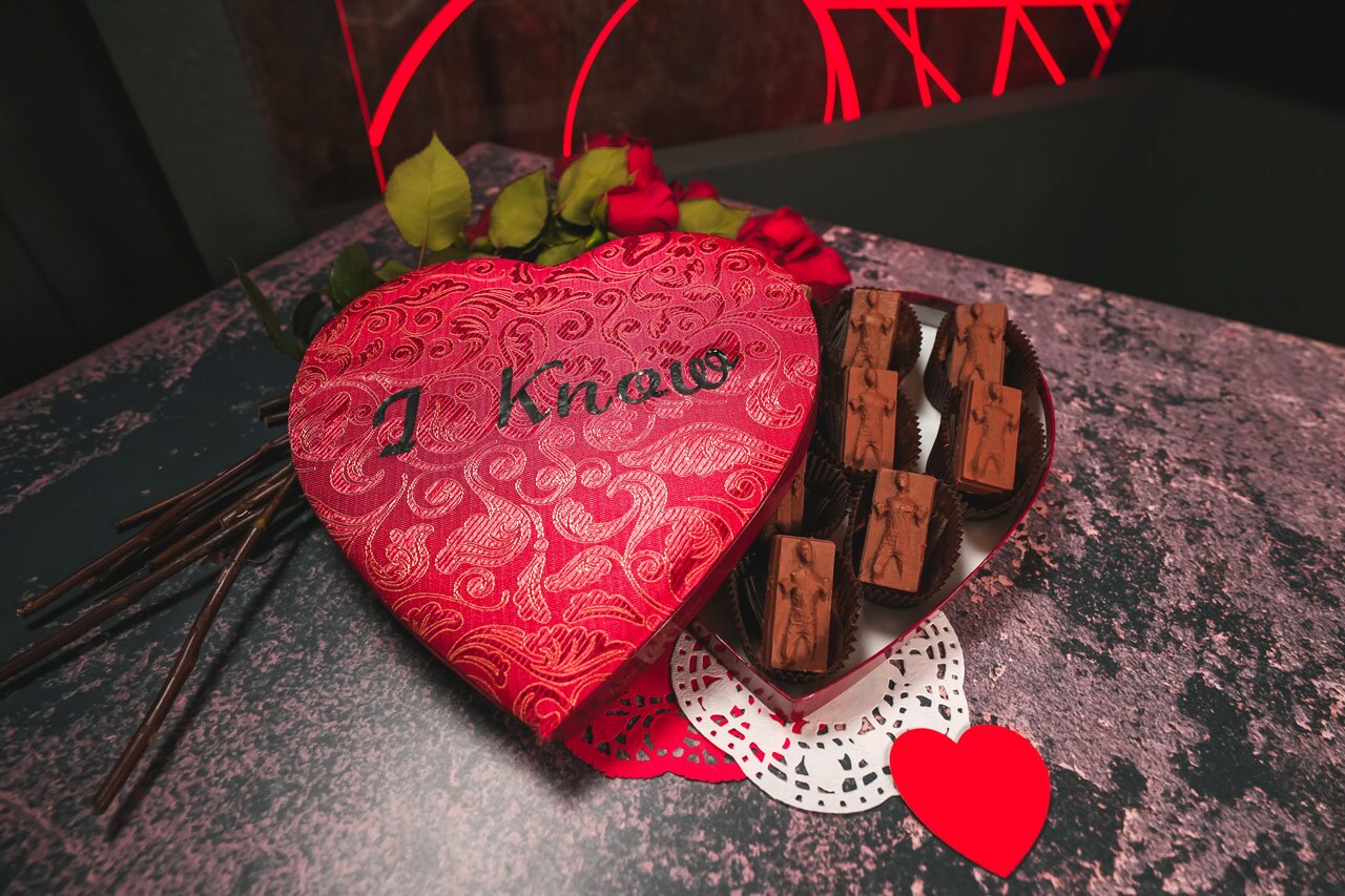 Carbonite Crunch chocolates in a heart shaped box that says "I know."
