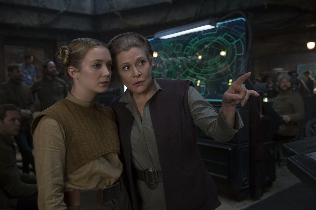 Billie Lourd and Carrie Fisher on set.