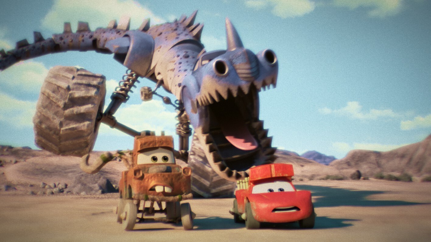 Lightning McQueen and Mater frantically try to evade a Monster in Cars on the Road.