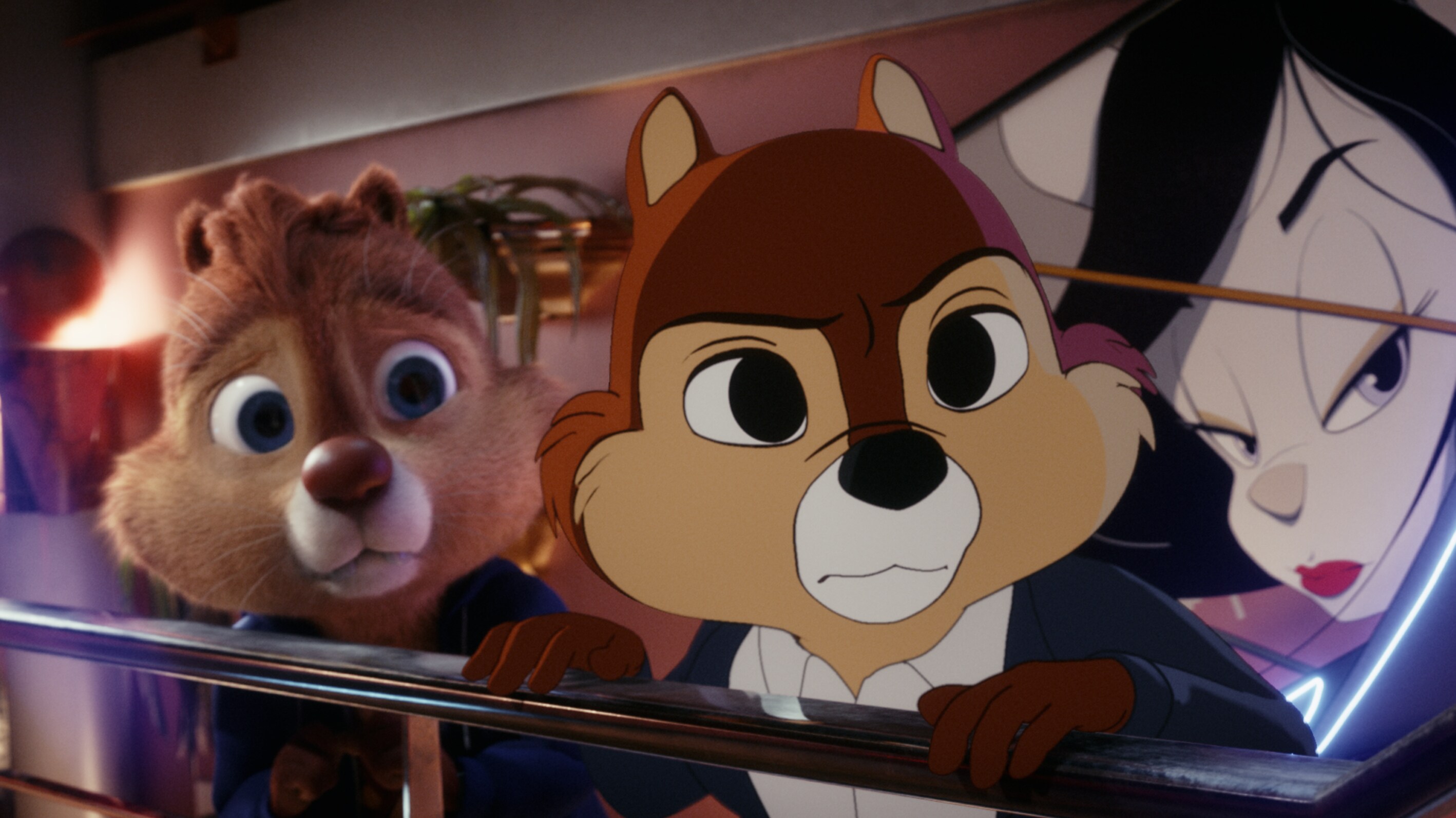 (L-R): Dale (voiced by Andy Samberg) and Chip (voiced by John Mulaney) in Disney's live-action CHIP 'N DALE: RESCUE RANGERS, exclusively on Disney+. Photo courtesy of Disney Enterprises, Inc. © 2022 Disney Enterprises, Inc. All Rights Reserved.