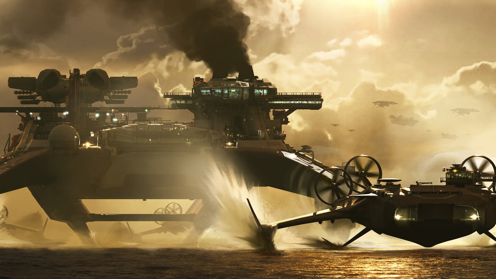 Concept art of an RDA Factory Ship from Avatar: Fire & Ash.