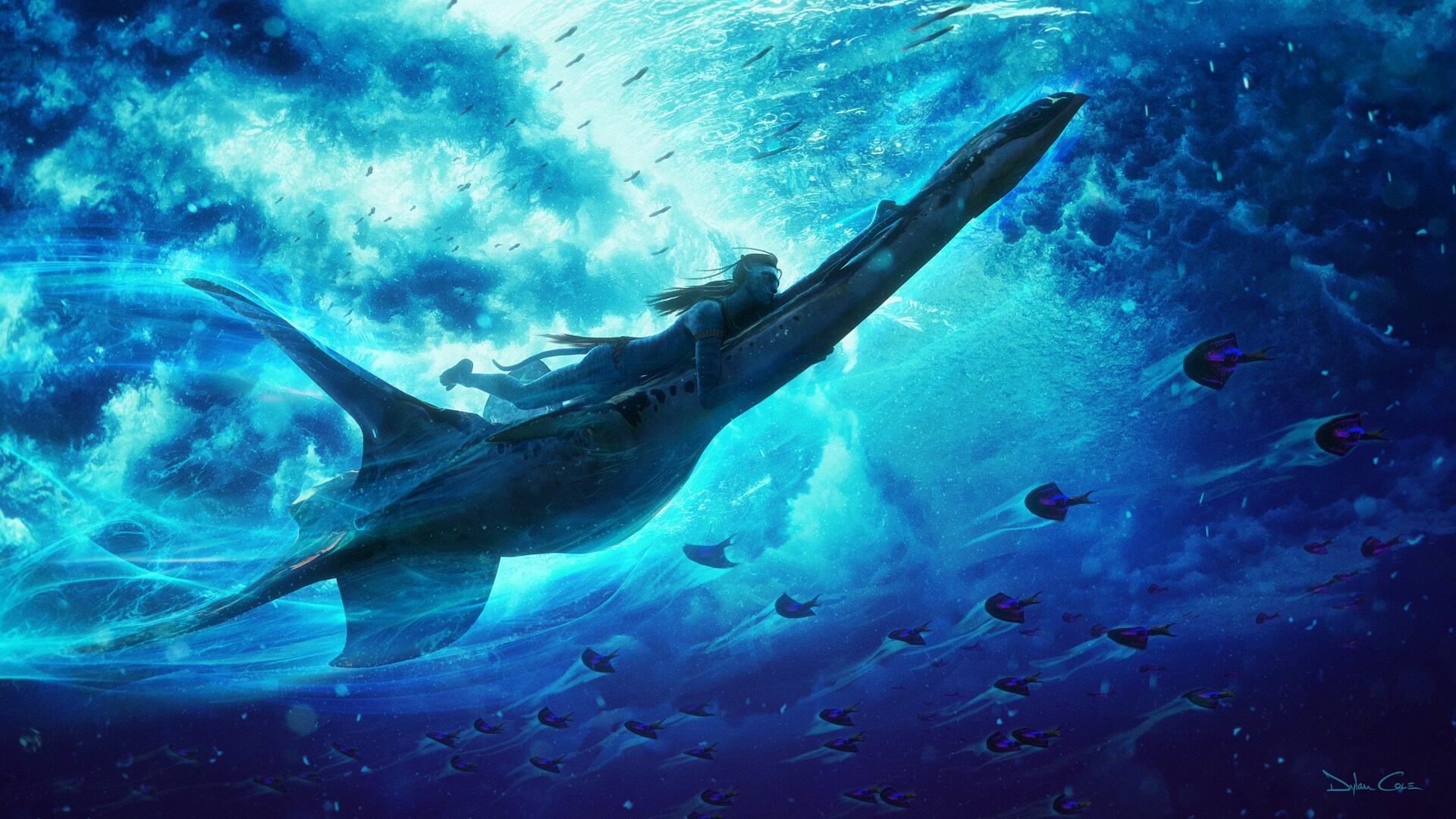 Concept art of Lo'ak riding an ilu in the ocean.