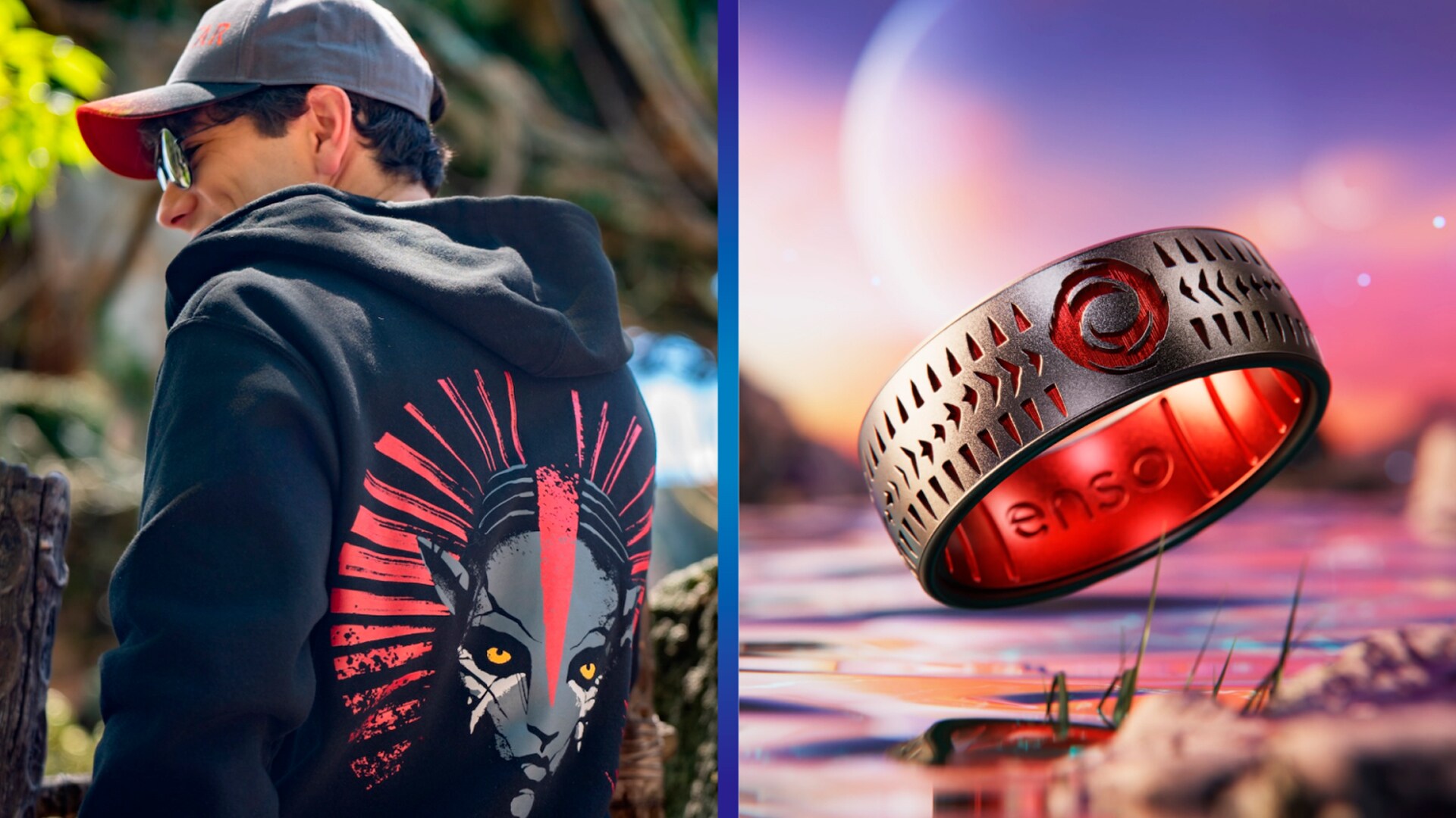 Image of an individual wearing an Avatar: Fire and Ash sweatshirt that has an image of Varang on the back. There is also an image of an Avatar: Fire and Ash themed ring from Enso that features a logo.