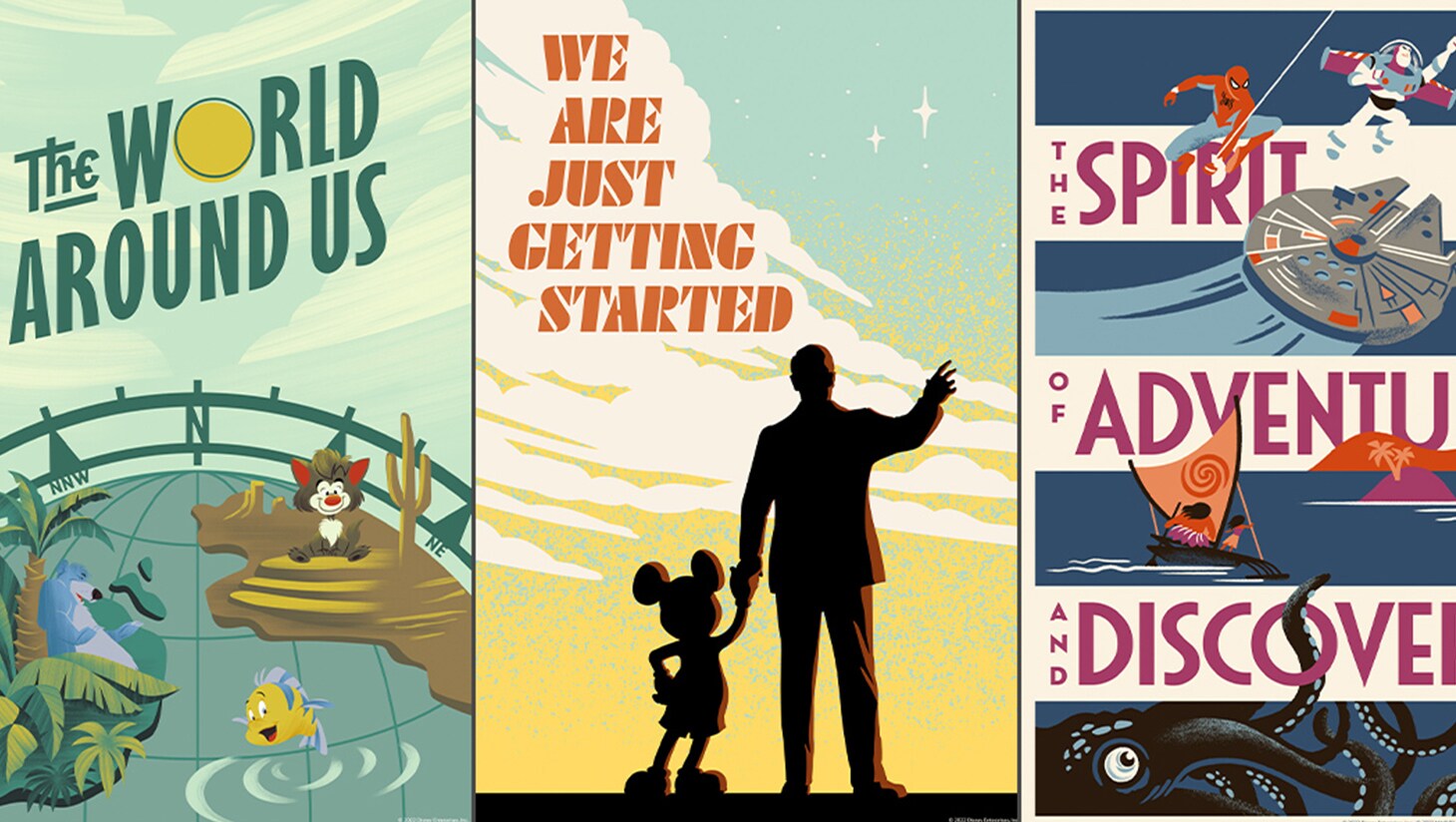 Collage of art posters from the Disney100 exhibit | The World Around Us | We Are Just Getting Started | The Spirit of Adventure and Discovery