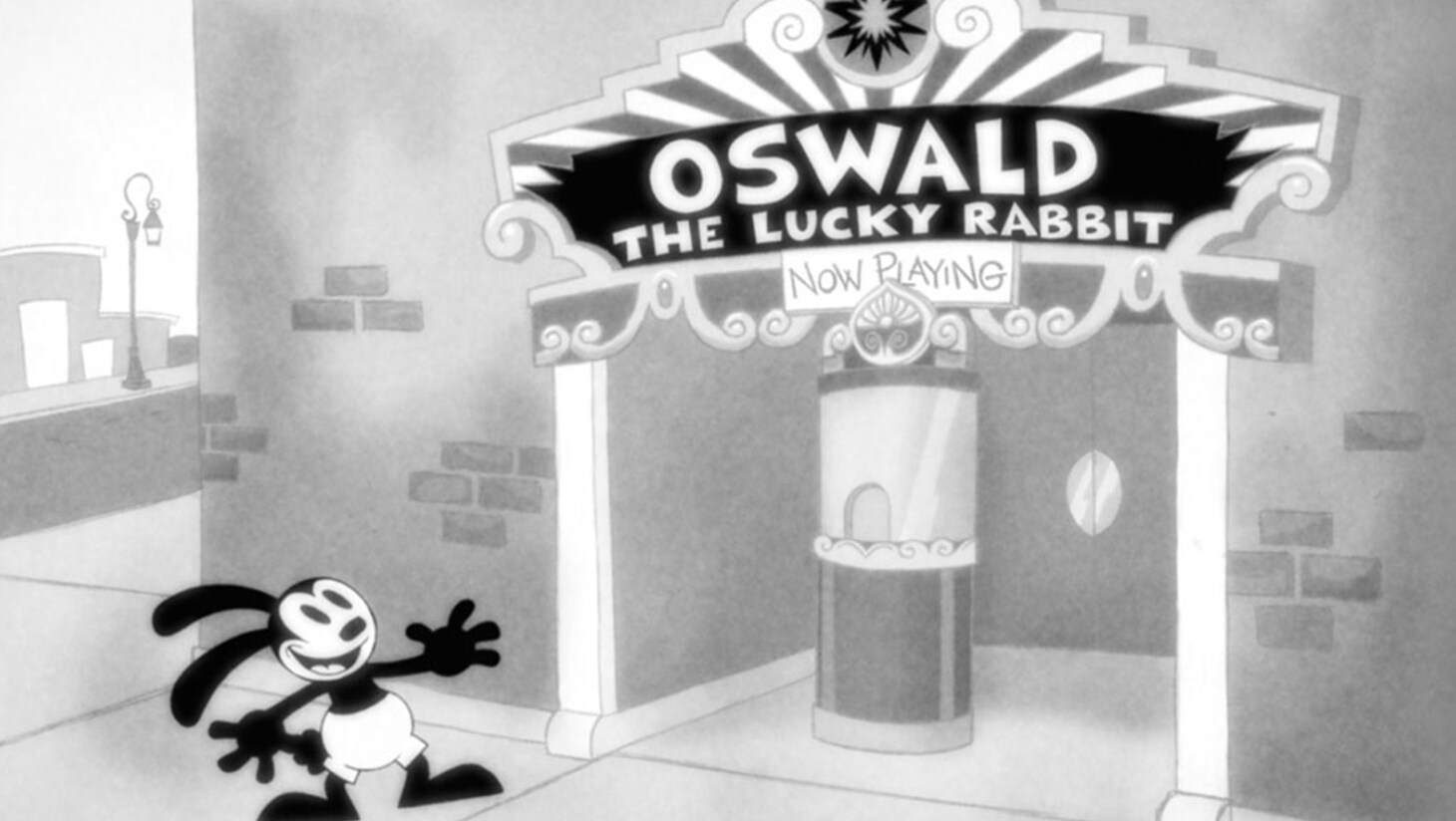 Black and white image of Oswald outside a theater with a marquee that says Oswald The Lucky Rabbit