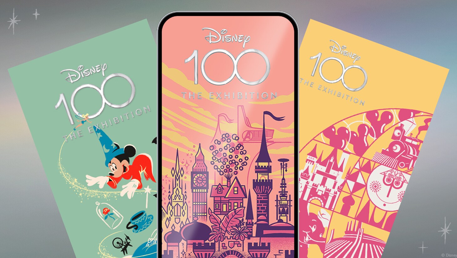 Image of three phones with different Disney100-themed backgrounds.