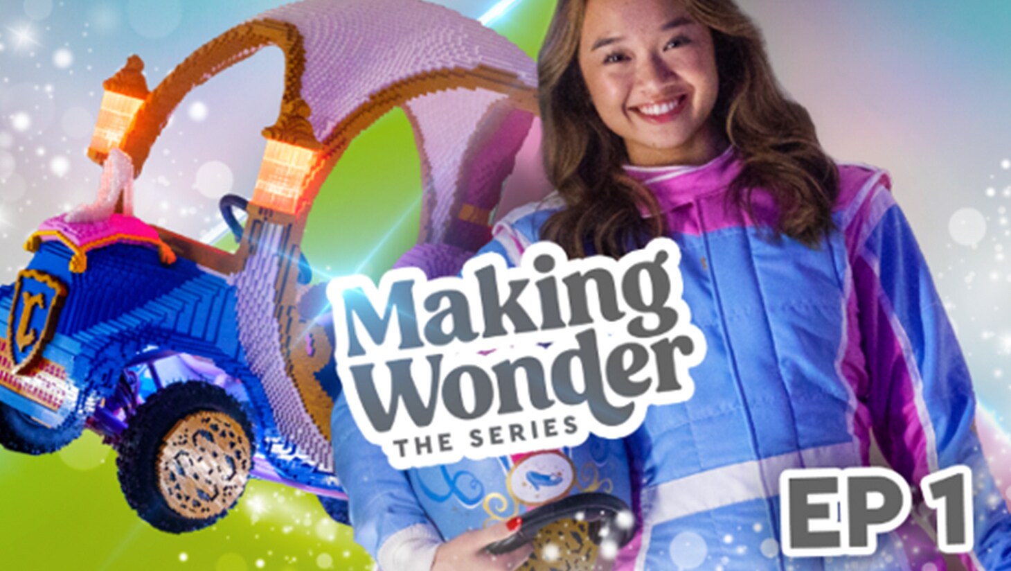 Making Wonder The Series | Ep 1 | Image of a girl in a pink and blue racing jumpsuit at the forefront; behind her is a go kart made of LEGO bricks.