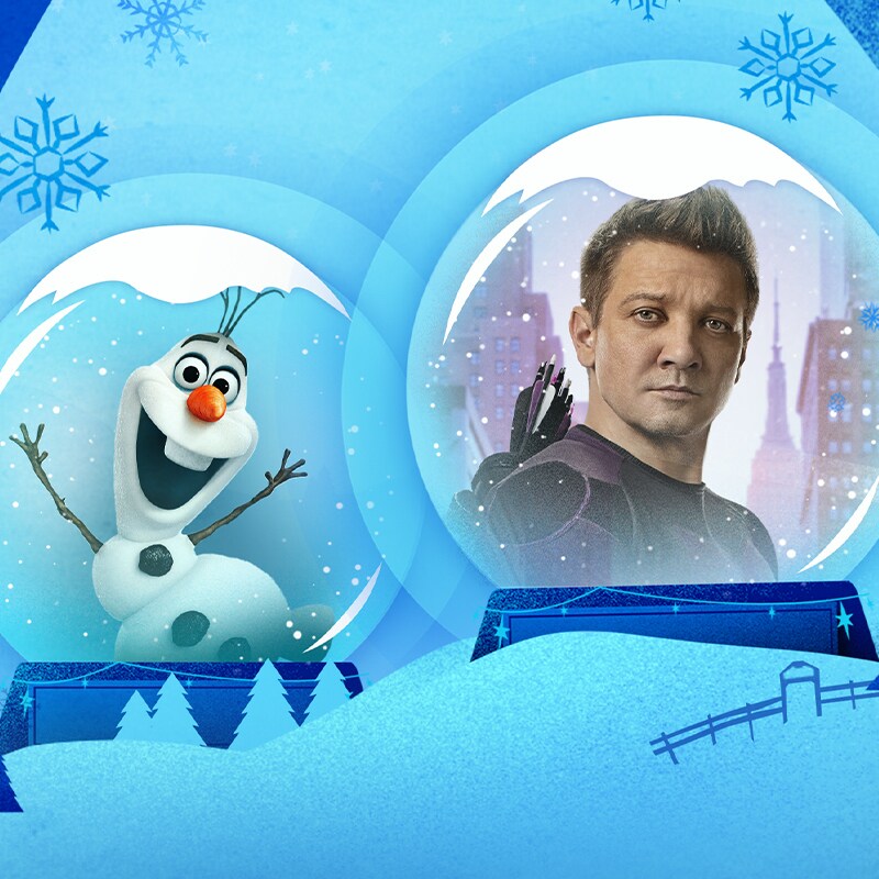 Holiday art illustrations of two snowglobes, one featuring Olaf and one featuring Hawkeye.