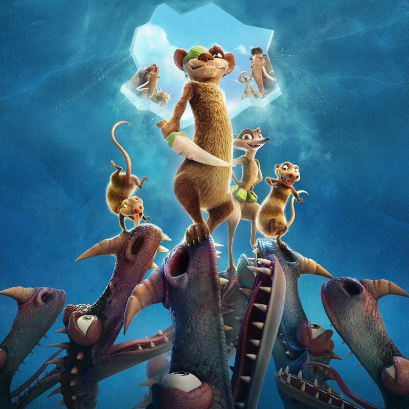 Buck Wild, Crash, Eddie, and other Ice Age characters pose.