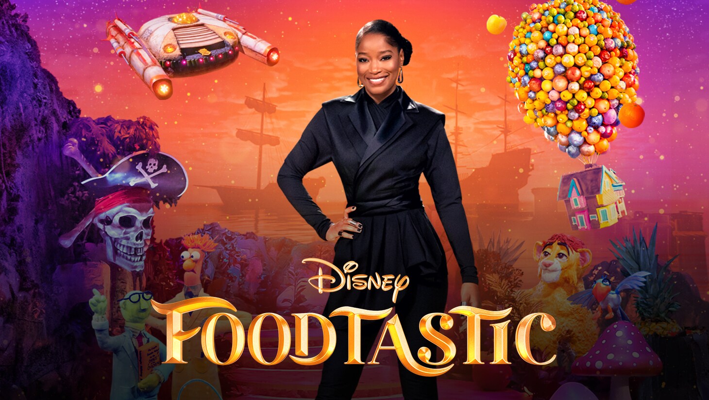 Foodtastic keyart featuring host Keke Palmer, Muppets Bunsen and Beaker, the Up balloon house, and more Disney properties.