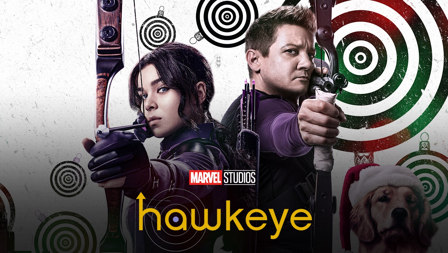 Hawkeye keyart featuring Hailee Steinfeld as Kate Bishop, and Jeremy Renner as Clint Barton pointing bows with arrows drawn, at the viewer.