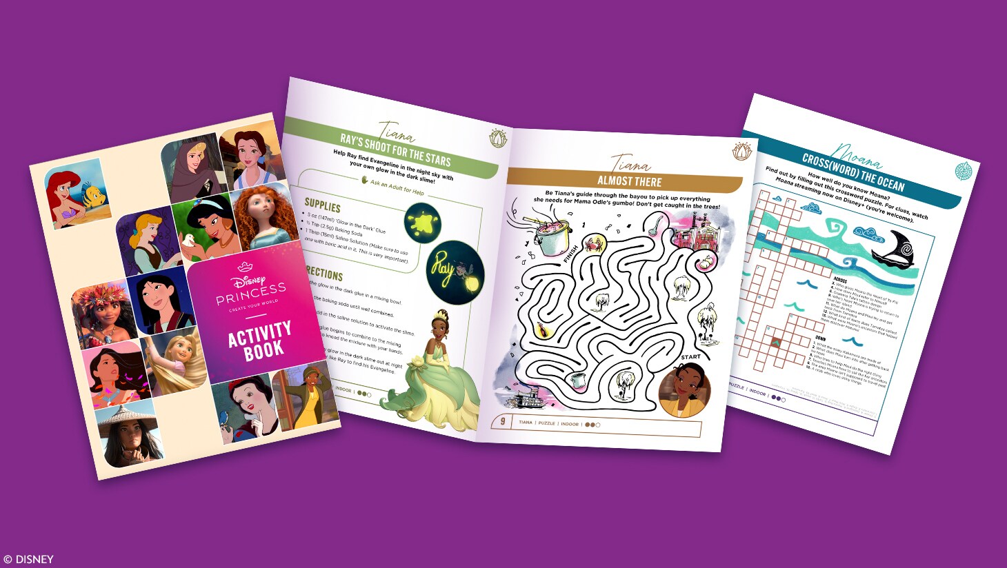 Graphic of pages from the Disney Princess Create Your World Activity Book.