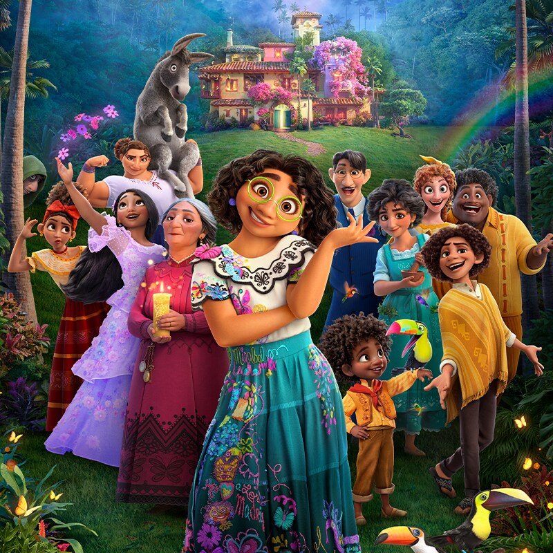 Encanto keyart featuring Mirabel and all the other Madrigal family members