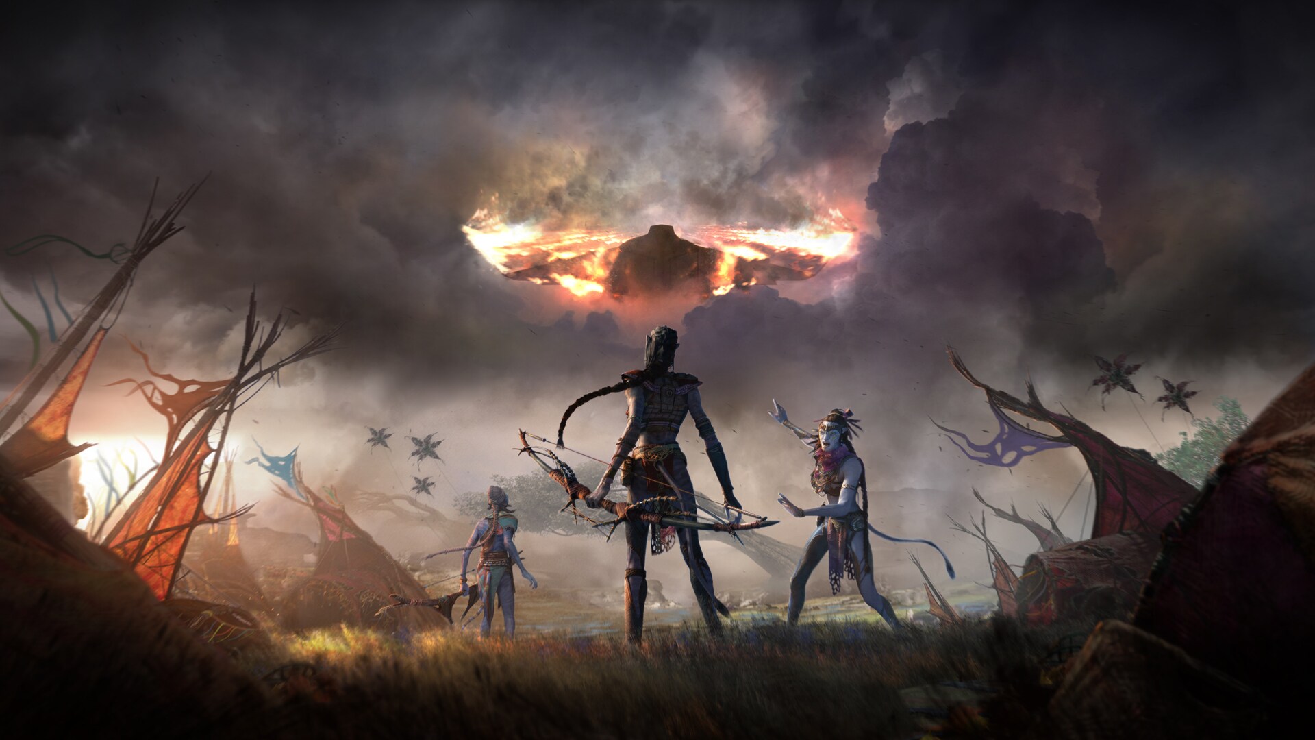 Image of several Na'vi holding bows while on a plain staring at a fire in the distance.  From the game "Avatar: Frontiers of Pandora."