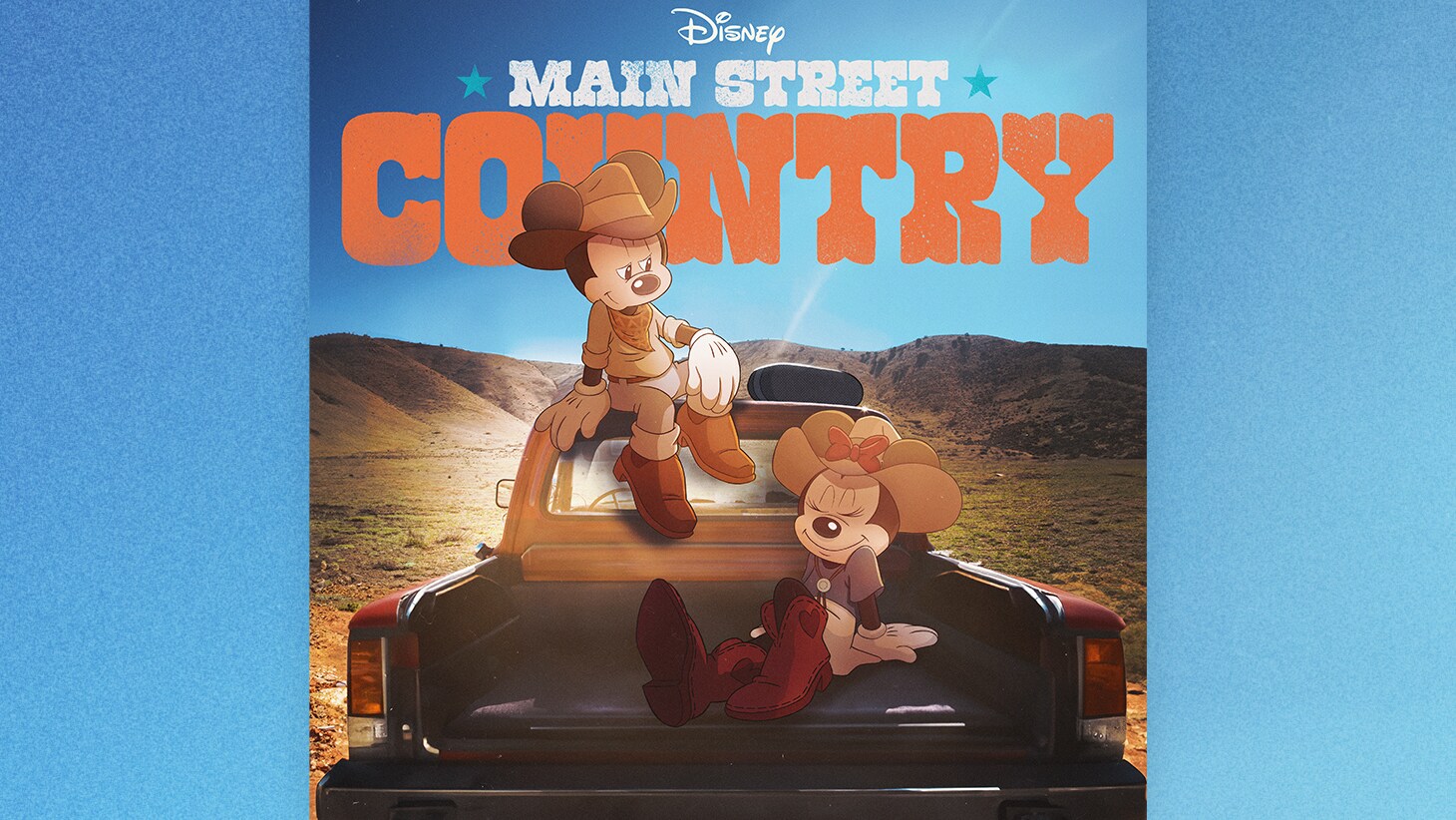 Disney Main Street Country | Mickey Mouse and Minnie Mouse wear cowboy hats and boots and sit on the back of a flatbed truck.