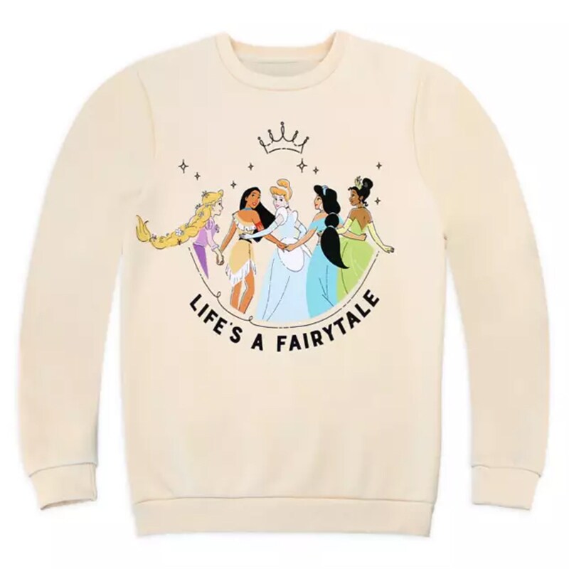 A sweatshirt reading "Life's A Fairytale" with Disney Princesses above.