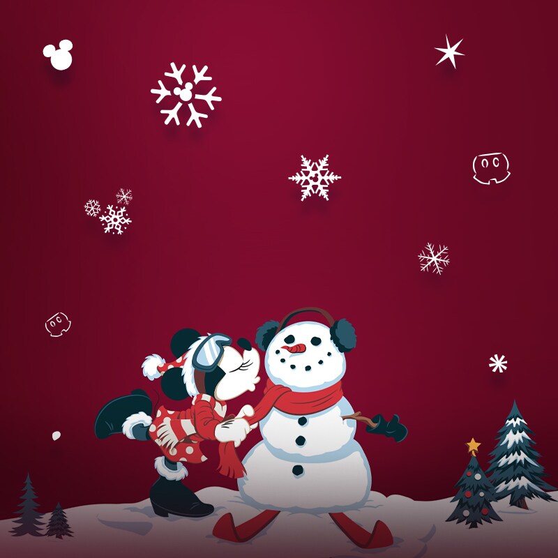 An illustration of Minnie Mouse kissing a snowman.