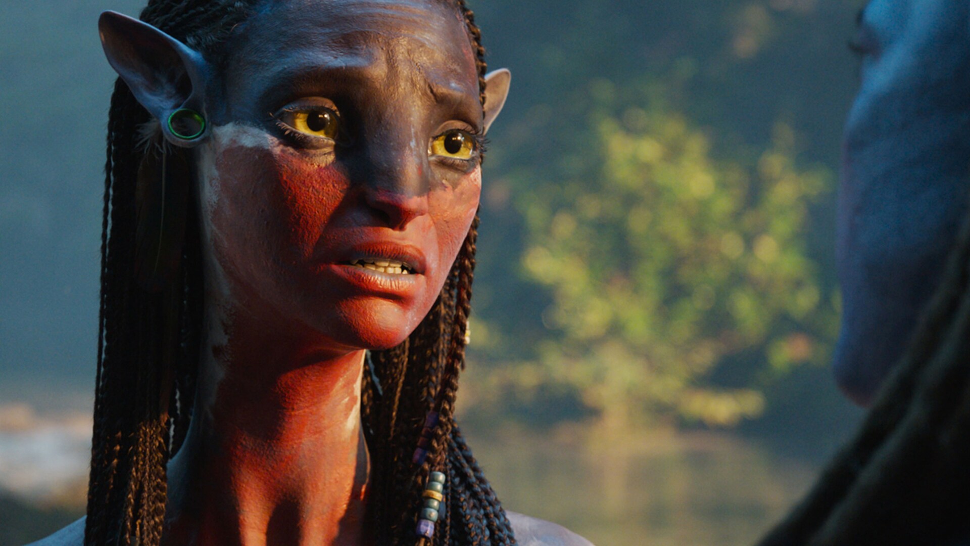 Image of a Neytiri (actor Zoe Saldaña) with a concerned look on her face.