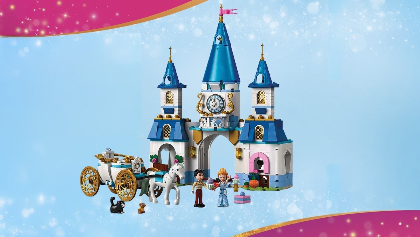 LEGO Cinderella castle set with blue towers, horse-drawn carriage, mini-figures of Cinderella, Prince Charming, and small animals