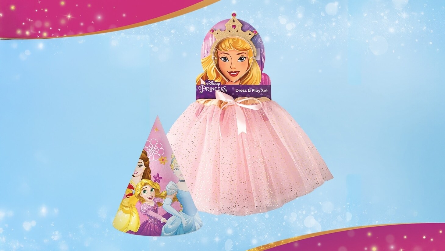 Disney Princess Dress & Play Set with pink glittery dress and party hat featuring Belle, Rapunzel, and Cinderella.