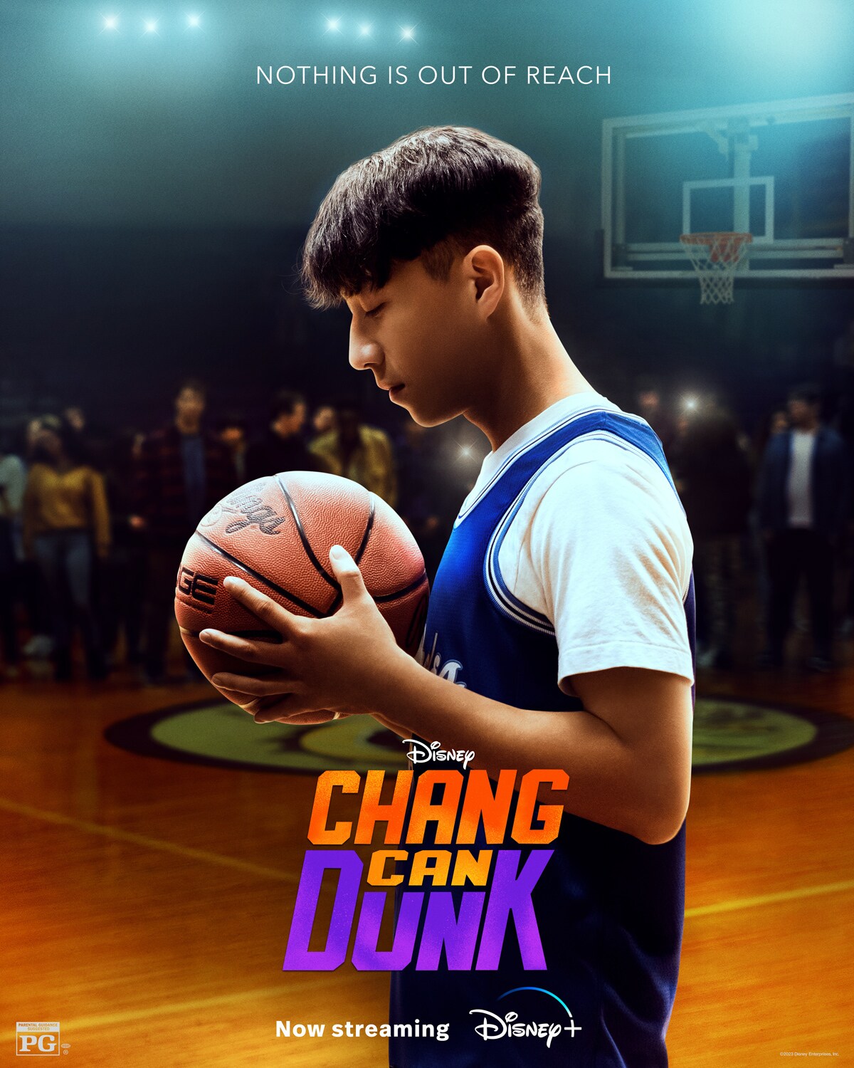 Chang (Bloom Li) stands in the spotlight on a basketball court, holding a basketball, in the poster for Chang Can Dunk