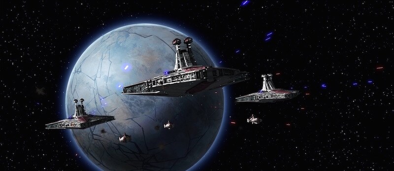 Republic and Separatist cruisers battling above Christophsis