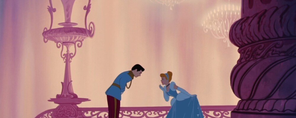 Prince Charming (bowing) and Cinderella (curtsying) in the animated movie "Cinderella"