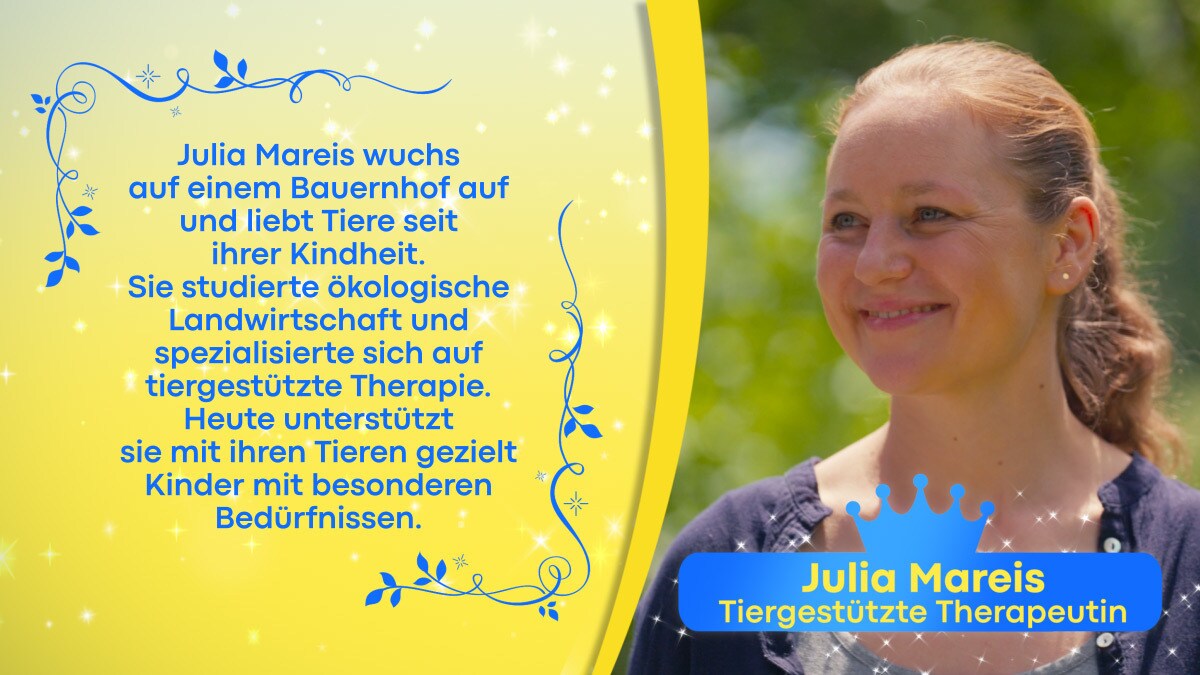 Julia Mareis mit einem Beschreibungstext über sie selbst vor gelbem Hintergrund