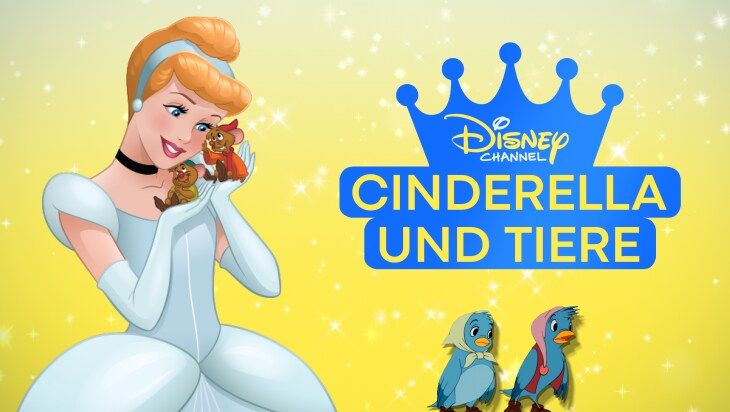 Prinzessin Cinderella mit Tieren vor einem gelben Hintergrund mit Disney Channel Prinzessinnen Sommer Logo
