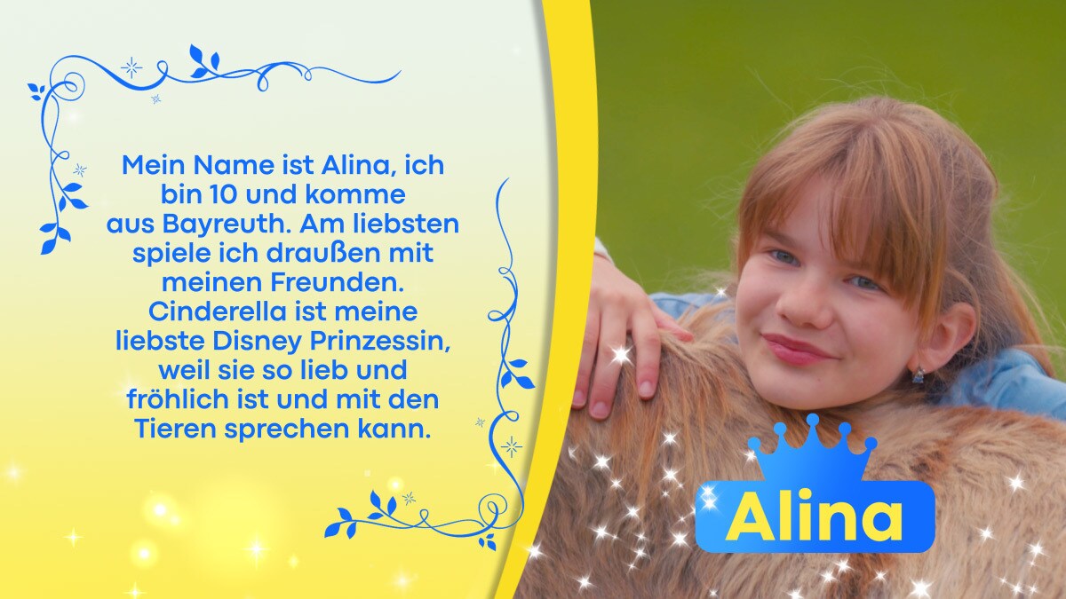 Gewinnerkind Alina mit einem Beschreibungstext über sie selbst vor gelbem Hintergrund
