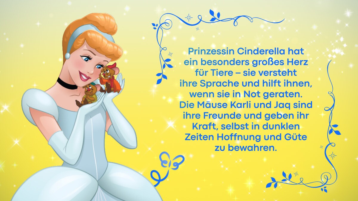 Prinzessin Cinderella mit einem Beschreibungstext über sie selbst vor gelbem Hintergrund