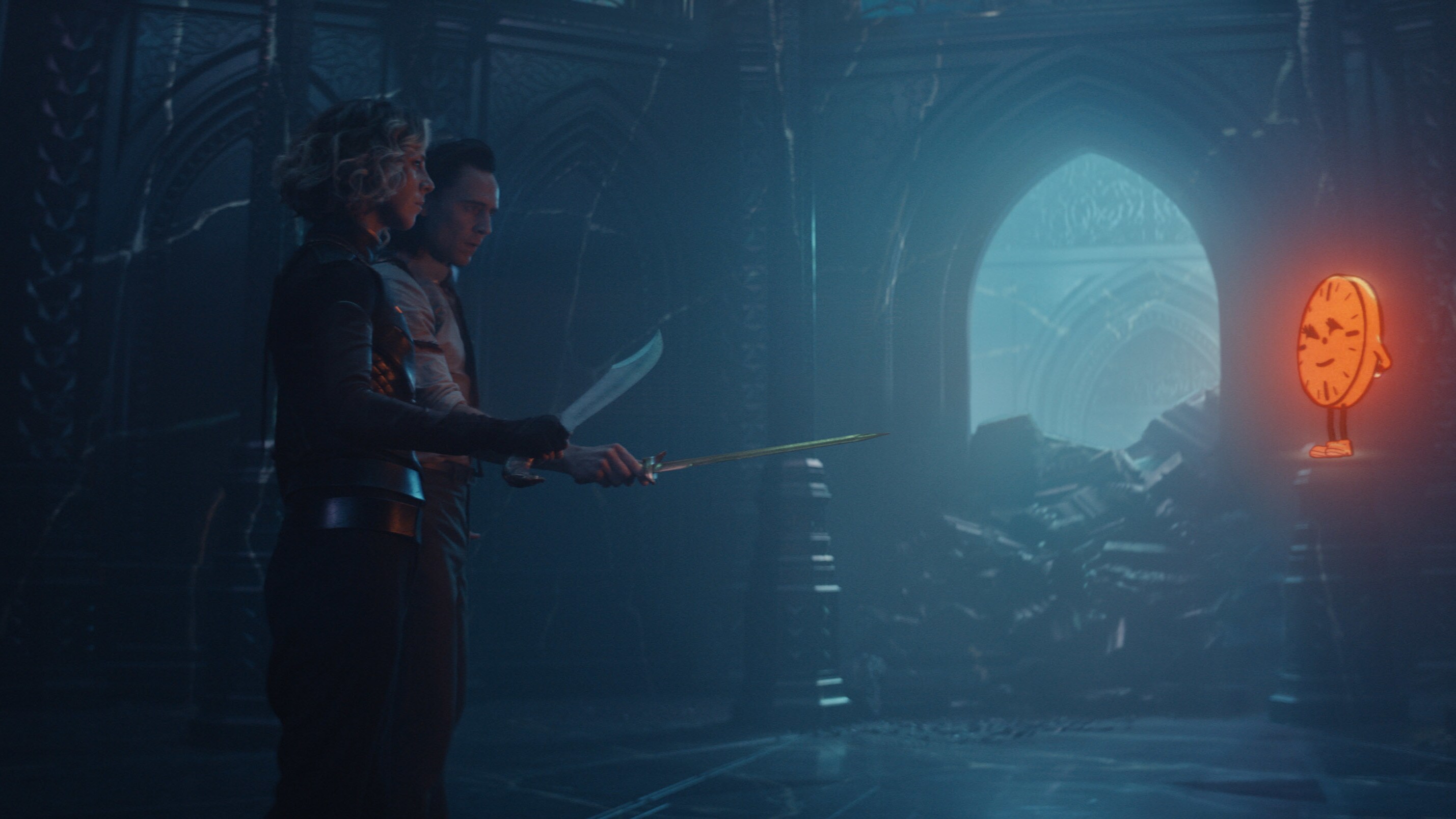 (L-R): Sylvie (Sophia Di Martino), Loki (Tom Hiddleston) and Miss Minutes (voiced by Tara Strong) in Marvel Studios' LOKI, exclusively on Disney+. Photo courtesy of Marvel Studios. ©Marvel Studios 2021. All Rights Reserved.