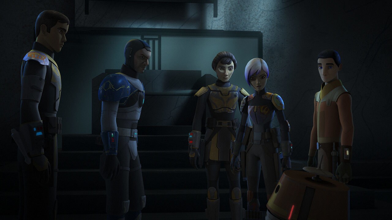 Ezra Bridger, Fenn Rau, and Chopper standing with Ursa, Tristan, and Sabine Wren