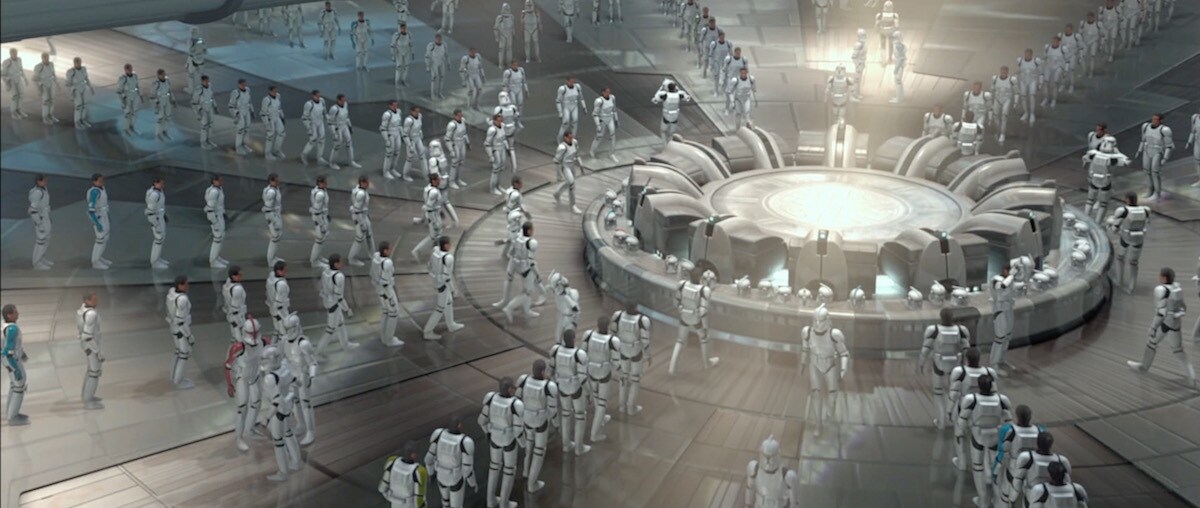 Clone troopers on Kamino lining up to receive their armor