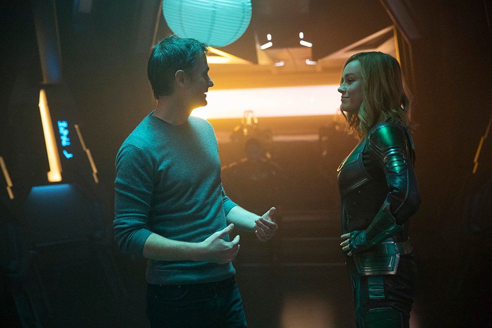 Ryan Fleck and Brie Larson (Captain Marvel) on Kree ship set