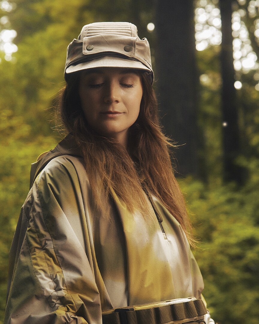 Billie Lourd models an Endor Issue Poncho, an homage to her mother Carrie Fisher's Princess Leia Organa, in the next Columbia and Star Wars collection.
