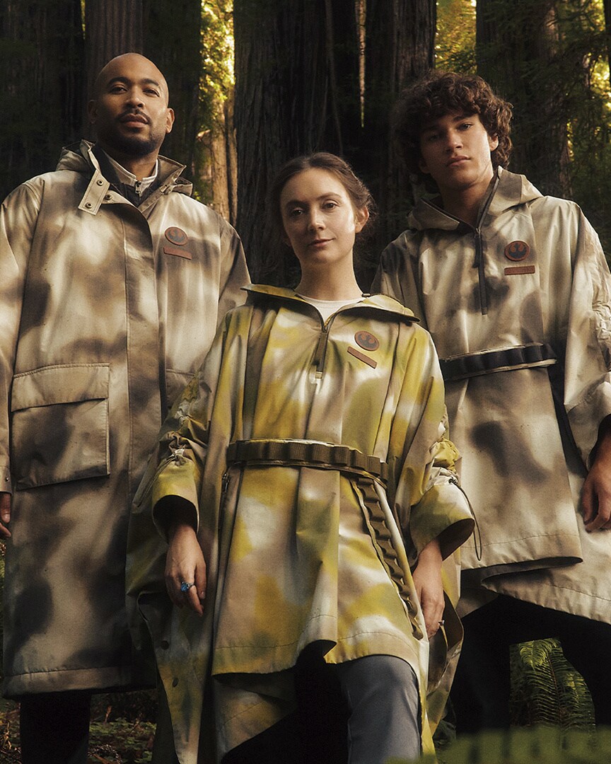 Billie Lourd, center, models the Endor Issue Poncho from the Endor-inspired Columbia and Star Wars collection.