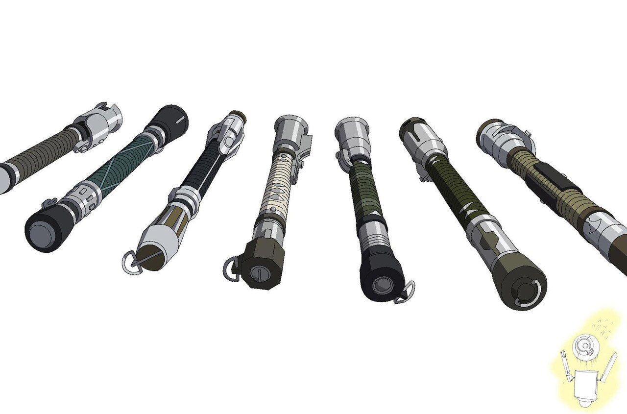 Concept art officiel de sept poignées de sabres laser pour Le Neuvième Jedi